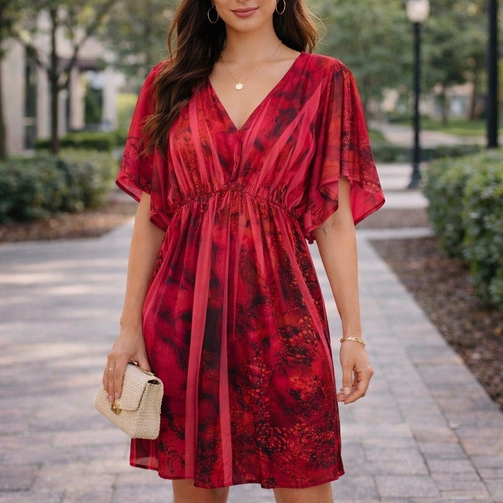City Triangles Pink Red Abstract Floral Empire‎ Waist V-Neck Flutter Dress M